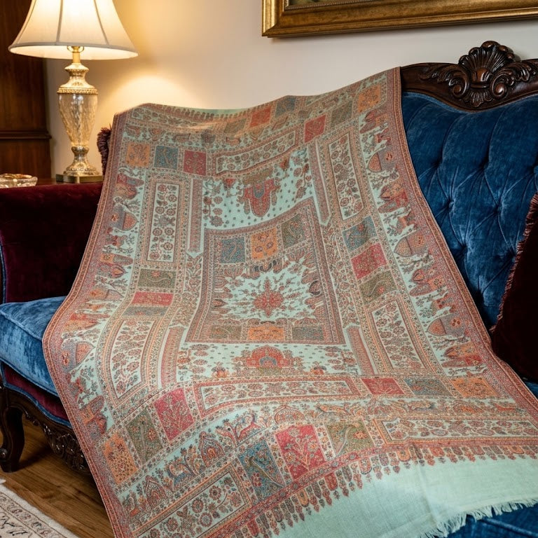 A large patterned wool throw blanket with a mint green base and intricate red, blue, and beige geometric designs, draped over a dark blue velvet sofa in a living room setting.