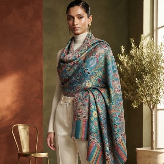 Peacock Blue Stole in Kani Weave