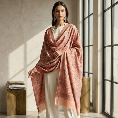 Woman wearing a patterned pink scarf in a room with large windows.