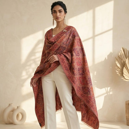 Woman wearing a patterned shawl over a plain outfit in a bright room.