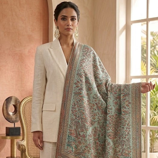 Woman in a white suit with a patterned shawl standing in a room with a large window.