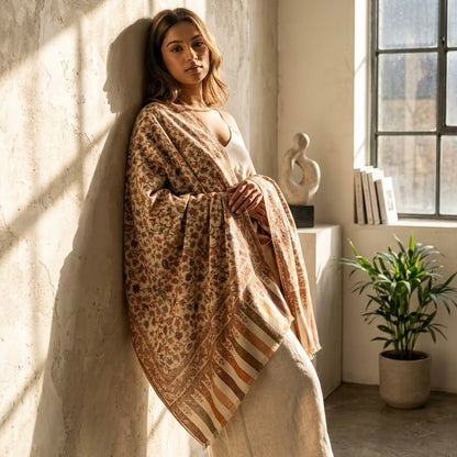 Cream Kani Wool Shawl - All-Over Floral Design for Everyday Wear