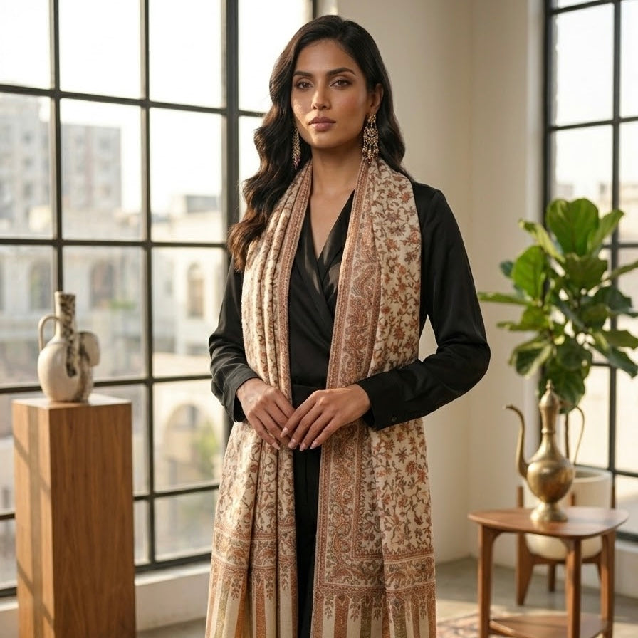 Cream Kani Wool Shawl - All-Over Floral Design for Everyday Wear