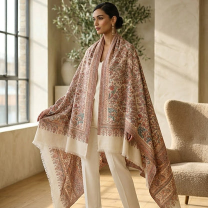 Woman wearing a patterned shawl in a bright room with large windows.