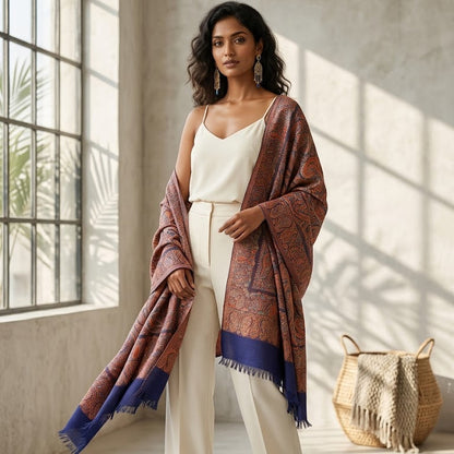 Woman wearing a patterned shawl in a bright room with a window and basket in the background.