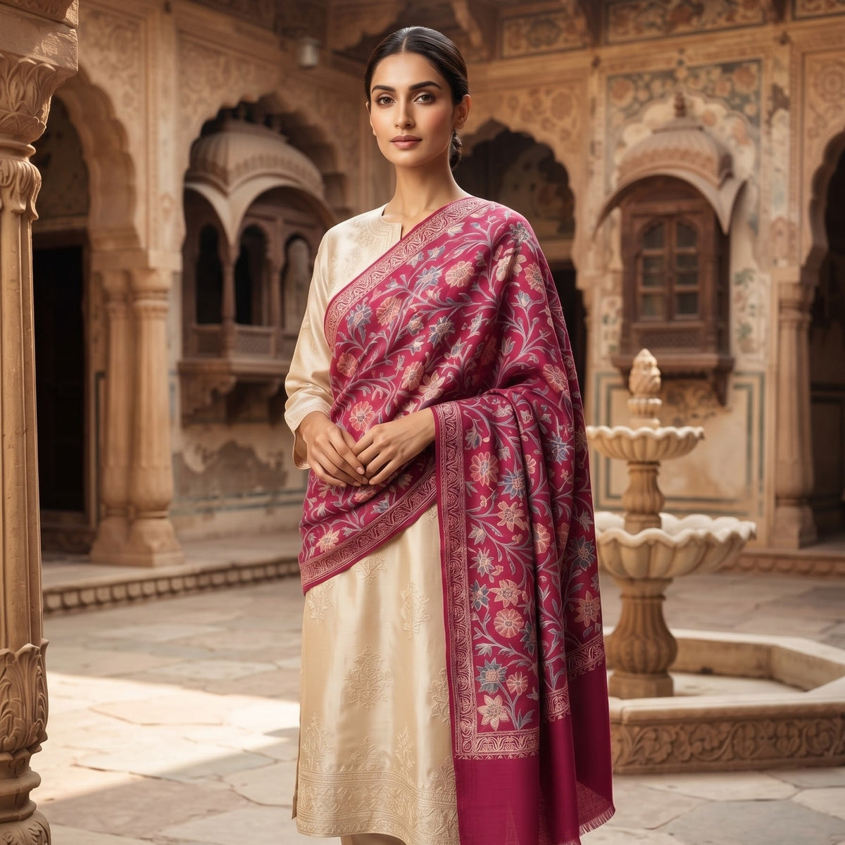 A woman stands in a historic courtyard wearing a cream-colored traditional outfit with a rich magenta-pink patterned dupatta draped over her shoulders.