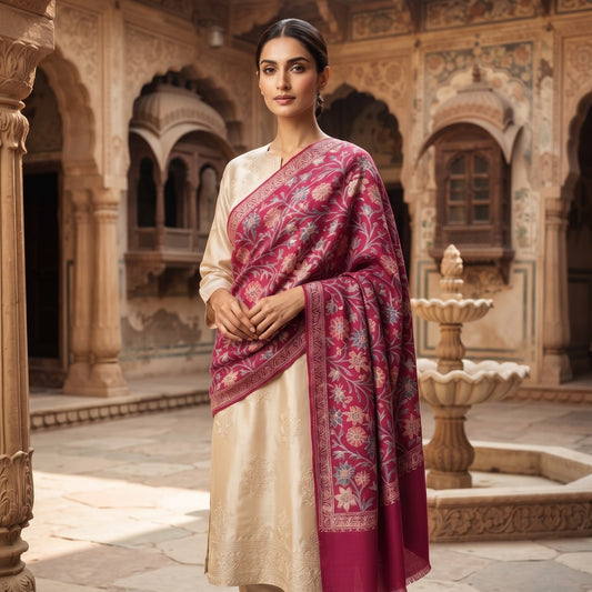 A woman stands in a historic courtyard wearing a cream-colored traditional outfit with a rich magenta-pink patterned dupatta draped over her shoulders.