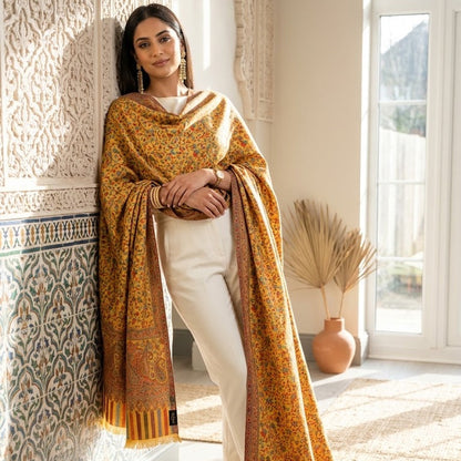 A woman stands indoors against a patterned wall wearing a large mustard-yellow and orange patterned shawl draped over her shoulders, paired with white pants and tan heels.