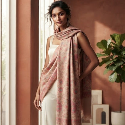 A woman models a light pink patterned shawl draped over her shoulders, paired with a white sleeveless top and wide-leg trousers, standing in a warm-toned room with a terracotta wall and a potted plant.