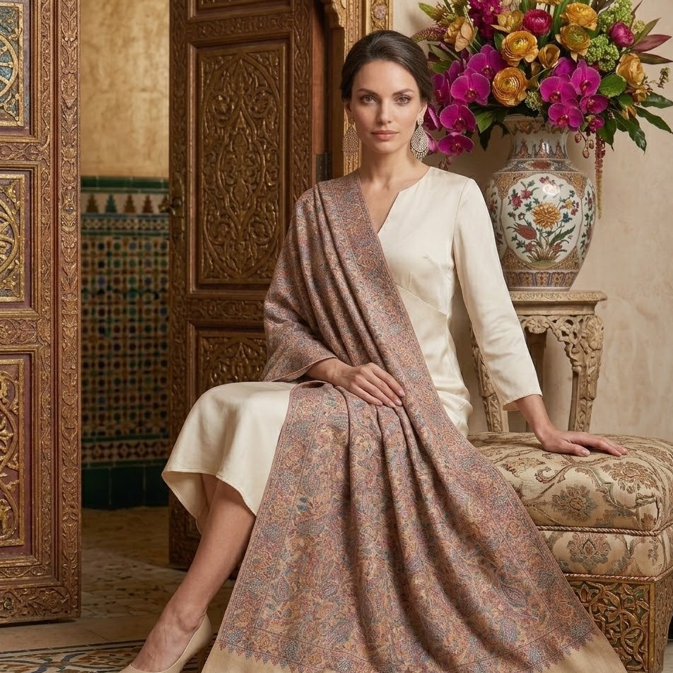 Woman in a white dress with a patterned shawl sitting on an ornate chair in a decorated room.