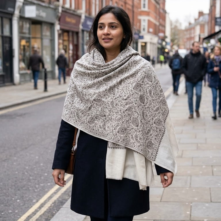 A woman walking on a city street wearing a large beige and white patterned shawl draped over her shoulders, paired with a dark navy coat and trousers.