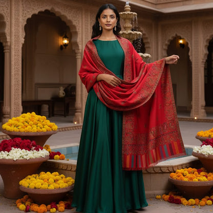 Woman in a green dress with a red dupatta standing in an ornate courtyard with floral decorations.