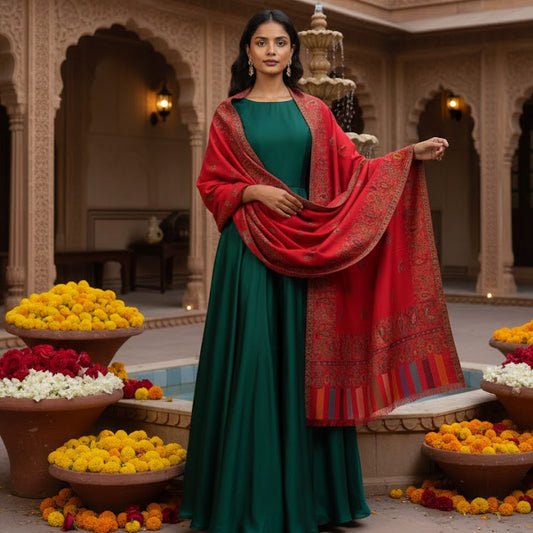 Woman in a green dress with a red dupatta standing in an ornate courtyard with floral decorations.