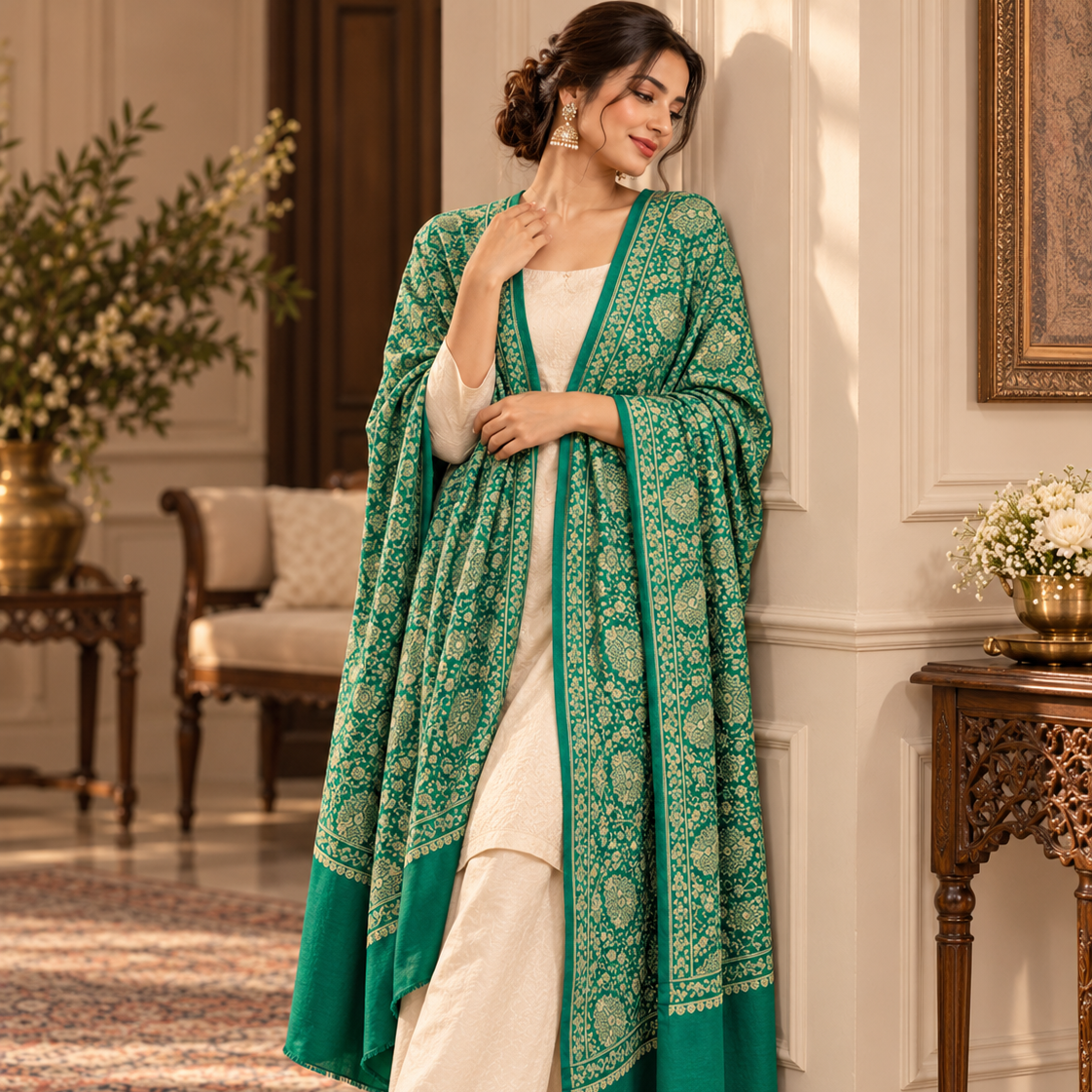 A woman models a green and gold printed shawl draped over a cream-colored traditional outfit in an elegant indoor setting.
