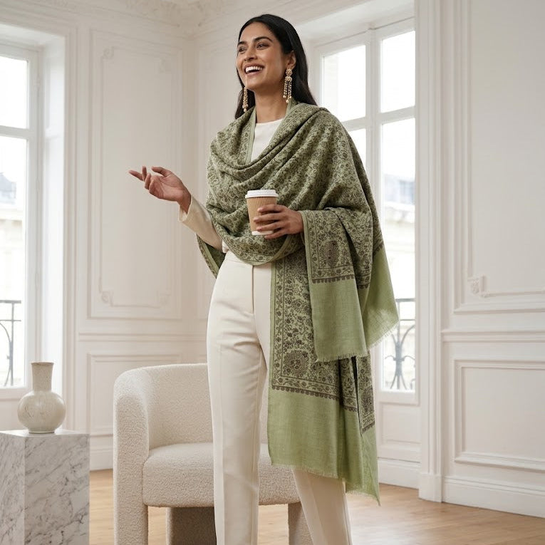 A woman stands in a bright, elegant room wearing a sage green patterned shawl draped over her shoulders, paired with cream trousers and beige heels, holding a coffee cup.
