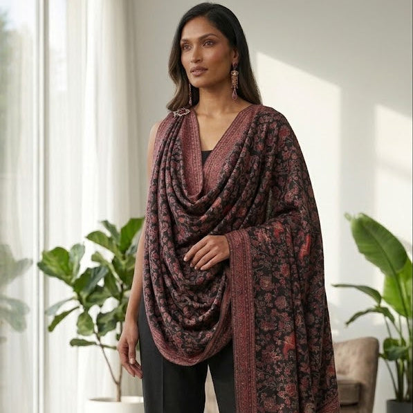 A woman models a dark brown and black patterned shawl draped over her shoulders, paired with black wide-leg trousers, in a bright, modern room with large windows and potted plants.