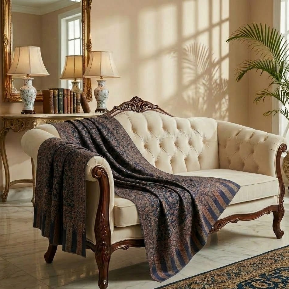Decorative shawl draped over a classic sofa in a stylish living room.
