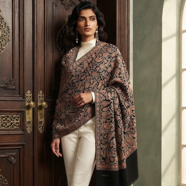 A woman stands in a doorway wearing a brown and black patterned shawl draped over her shoulders, paired with cream trousers and black pointed shoes. The setting features a dark carved wooden door on the left and a softly lit window on the right.