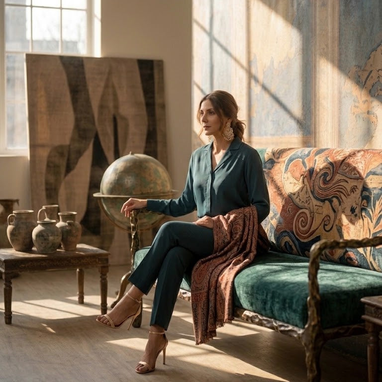 A woman sits on an ornate teal velvet sofa in a sunlit room with large windows and vintage decor, wearing a dark teal blouse and matching pants with a rust-colored wrap draped over the seat.
