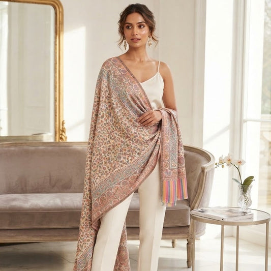 Cream and Powder Blue Kani Shawl