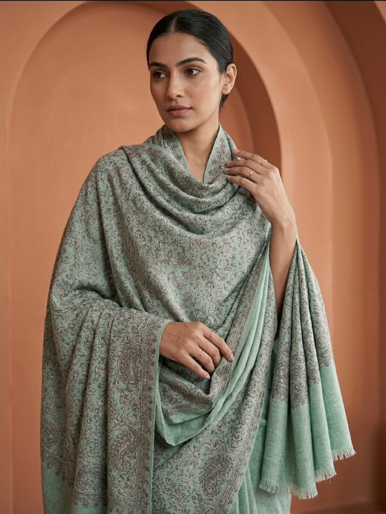 Sage Green Sozni Wool Shawl - Jamawar Embroidered Wrap for Evening Wear