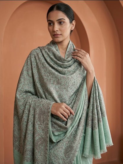 Sage Green Sozni Wool Shawl - Jamawar Embroidered Wrap for Evening Wear