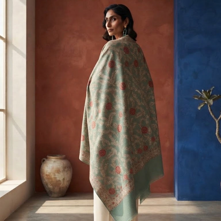 A woman stands in a sunlit interior wearing a light sage green shawl with red floral motifs over cream pants. The room has textured terracotta and blue walls, a large vase near the window, and a plant on the right.