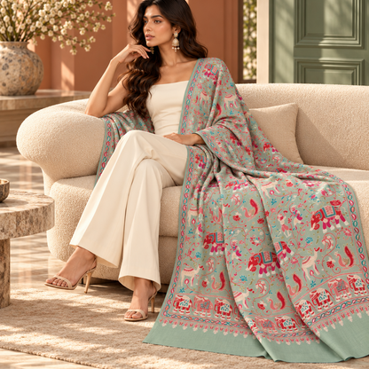 A woman sits on a cream-colored sofa wearing a white outfit and draped a light sage green shawl with pink and red traditional motifs. The setting is a warm, sunlit living room with a beige rug and a green door in the background.
