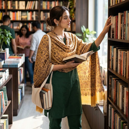 A woman in a library wearing a green kurta and a gold patterned shawl, holding an open book and looking up at bookshelves. She has a cream tote bag with books on it.
