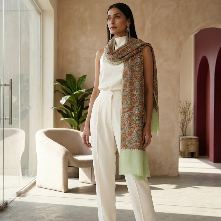 Sage Green Sozni Wool Shawl - Floral Jaal Embroidered Wrap for Occasion Wear