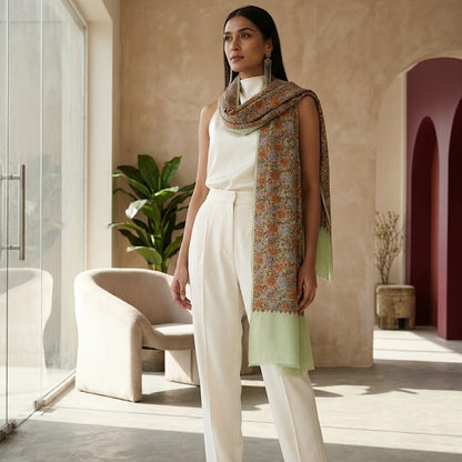 Sage Green Sozni Wool Shawl - Floral Jaal Embroidered Wrap for Occasion Wear