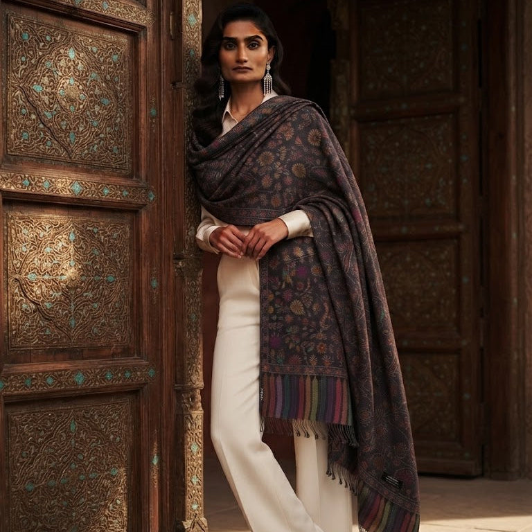 A woman stands in a doorway wearing a dark patterned shawl draped over her shoulders, paired with a white outfit and white heels. The setting features ornate carved wooden doors.