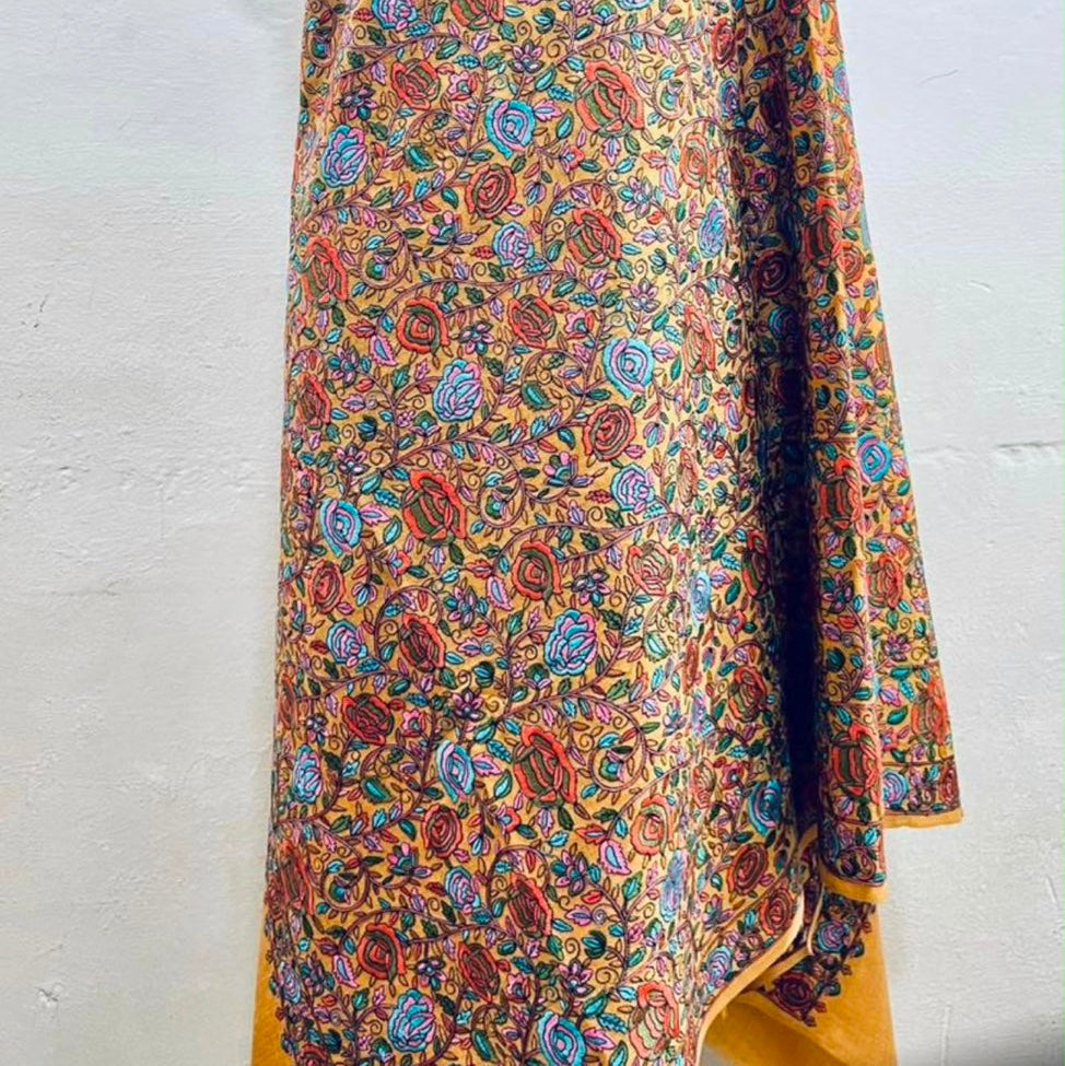 Mustard Yellow Sozni Jaal Embroidery Shawl