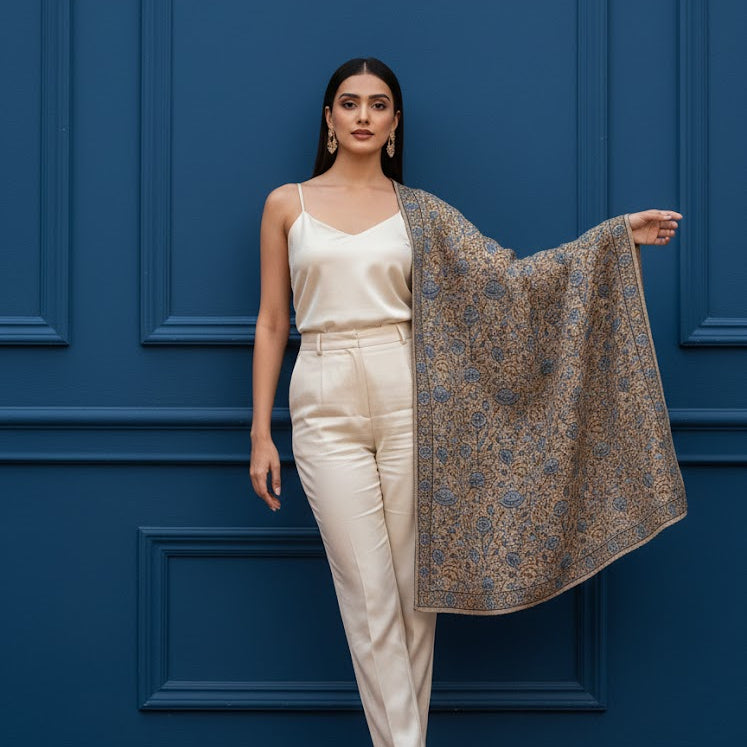 Brown Sozni Wool Shawl - Jamawar Rose Embroidered Wrap for Evening Wear