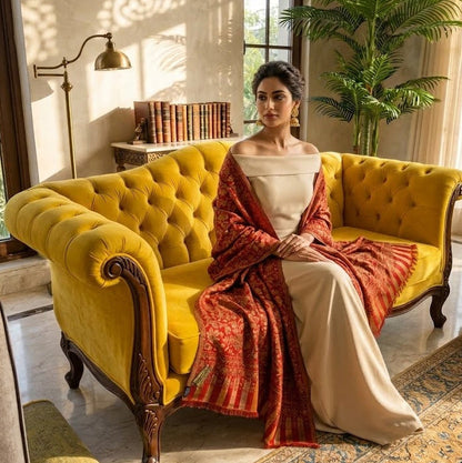 Woman in a red and white traditional outfit sitting on a yellow couch in a bright room with plants and books.