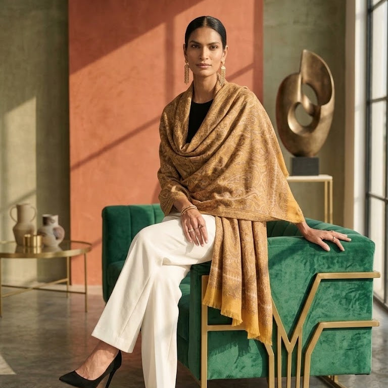 A woman sits on a green velvet armchair in a modern interior, wearing a draped mustard-gold shawl over a black top and white wide-leg trousers with black heels.