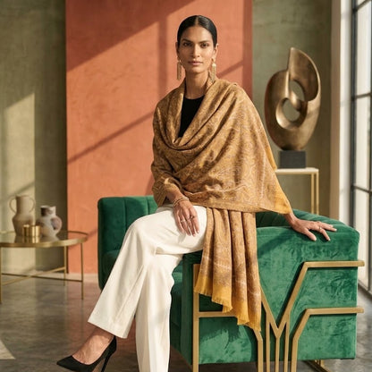 A woman sits on a green velvet armchair in a modern interior, wearing a draped mustard-gold shawl over a black top and white wide-leg trousers with black heels.