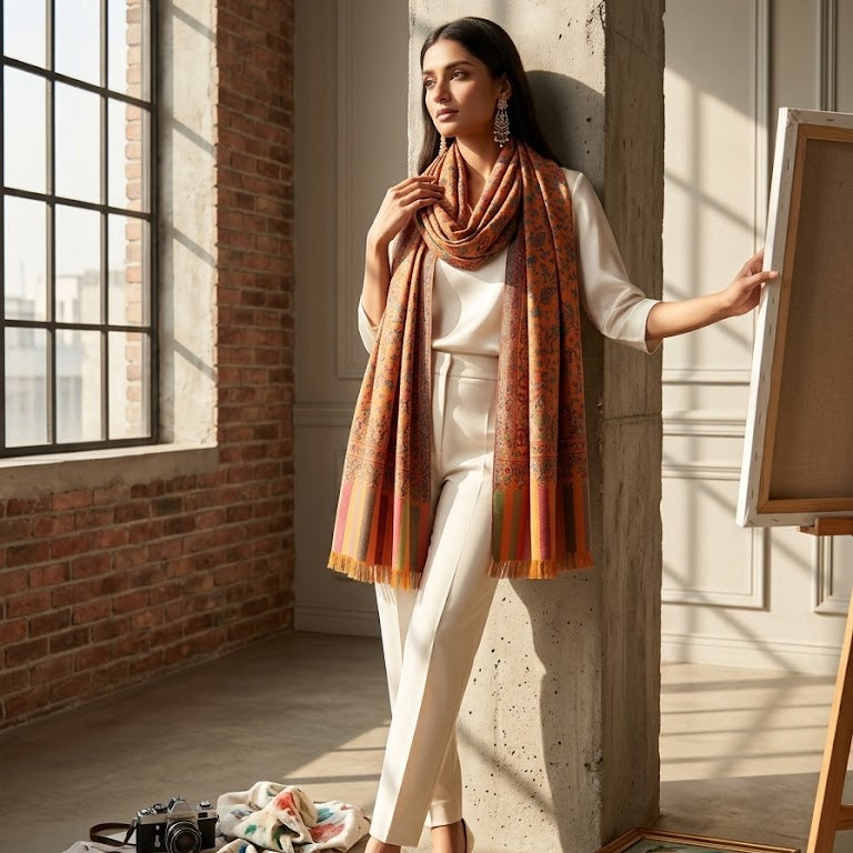 A woman stands in a sunlit studio room wearing a cream outfit and a rust-orange patterned scarf, with brick walls, large windows, and art props around her.