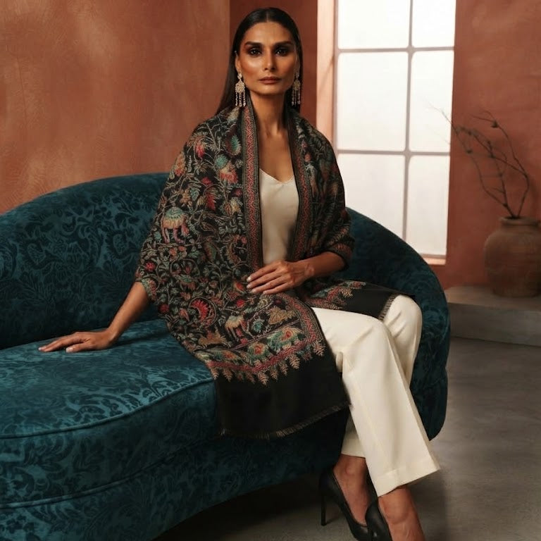 A woman sits on a teal velvet sofa wearing a dark patterned shawl draped over her shoulders, paired with a white top and white trousers, in a warm-toned interior setting.