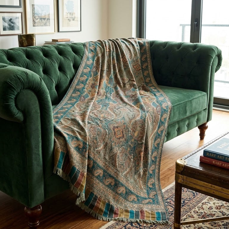 A patterned throw blanket with teal, beige, and brown tones is draped over a green velvet tufted sofa in a styled living room setting.