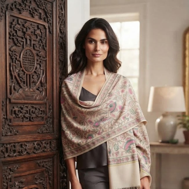 A woman stands indoors wearing a patterned shawl draped over her shoulders, paired with a black top and dark gray trousers. She is posed beside a carved dark wood cabinet in a softly lit room with a lamp, mirror, and rug visible in the background.