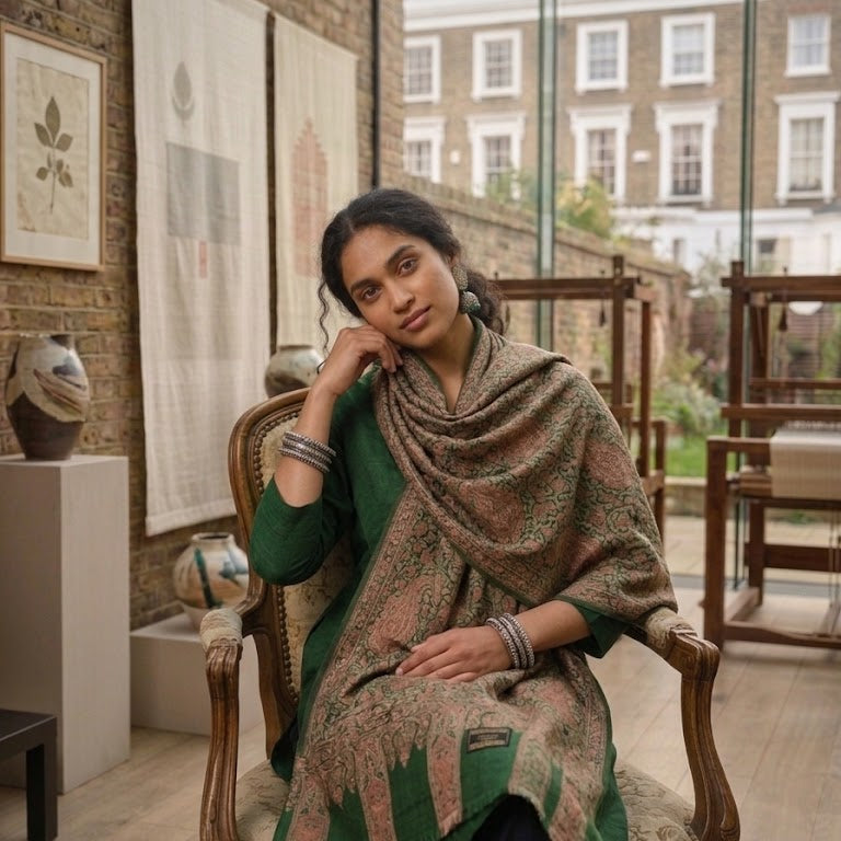 A woman sits in an ornate wooden chair inside a gallery or studio space, wearing a green kurta with a large beige and brown patterned shawl draped over her shoulders. The background features brick walls, framed botanical prints, and large windows looking out onto a brick building.