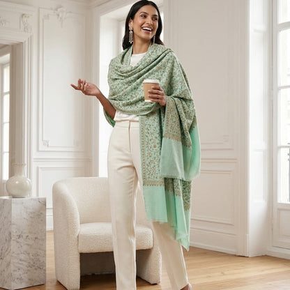 A woman stands in a bright, elegant room with white walls and wood floors, wearing a light green patterned shawl draped over her shoulders, cream-colored trousers, and beige heels while holding a coffee cup.