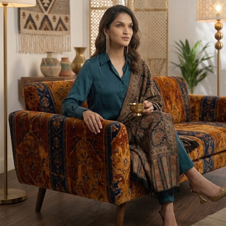 A woman sits on a patterned velvet sofa in a styled living room, wearing a teal blue shirt and a brown patterned shawl draped over her lap, holding a small gold cup.