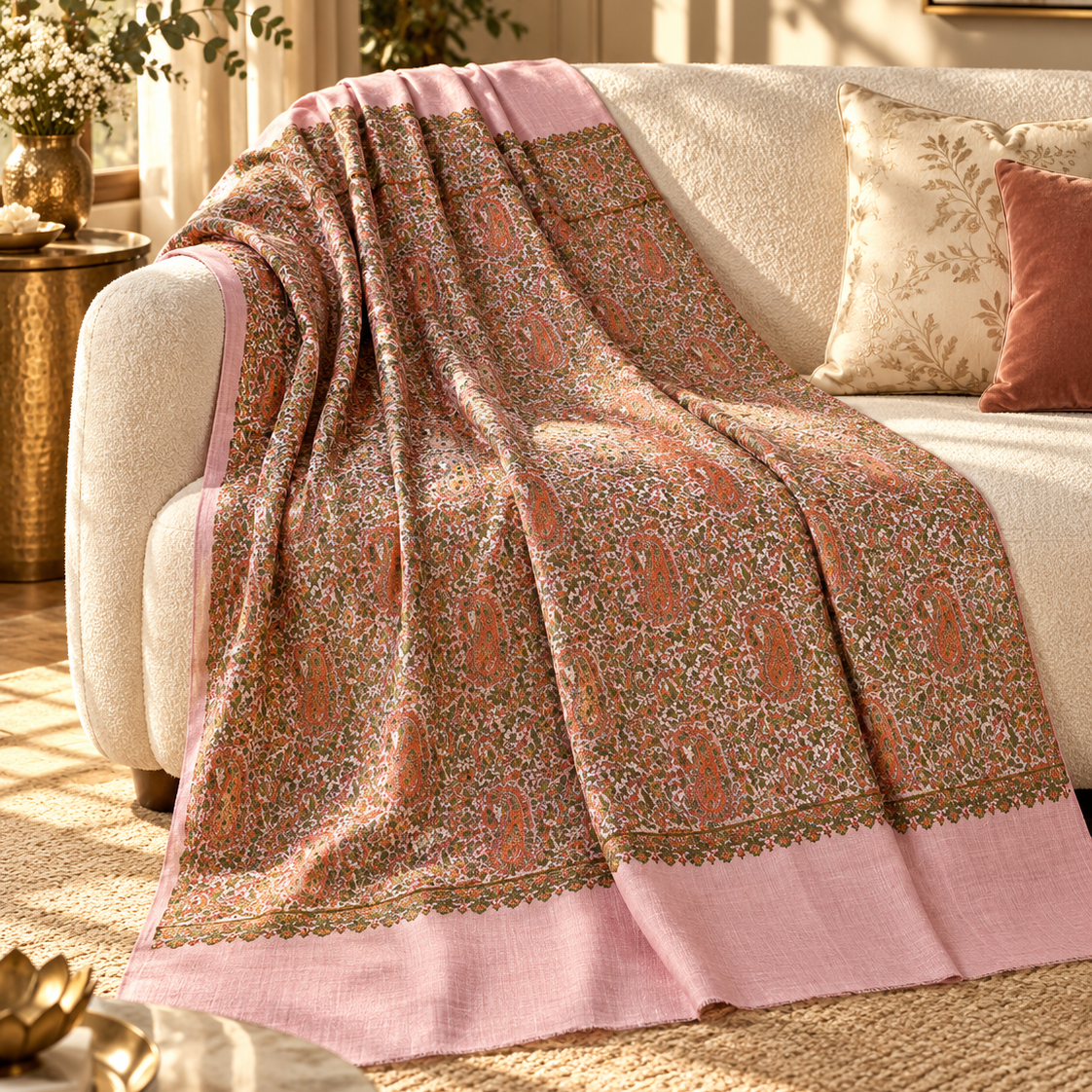 A pink and brown patterned throw blanket draped over a cream-colored sofa in a sunlit living room setting.