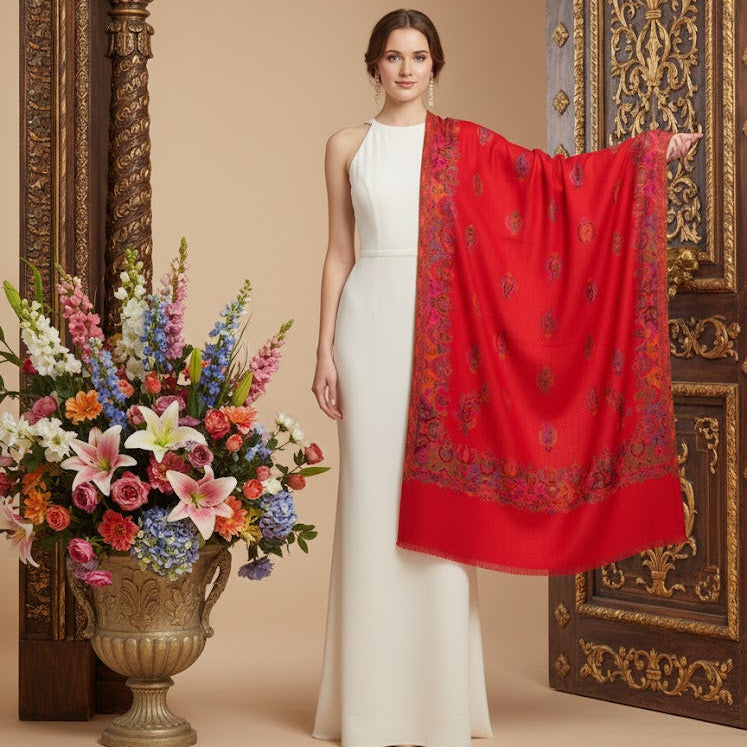 Red Kani Shawl on a female model