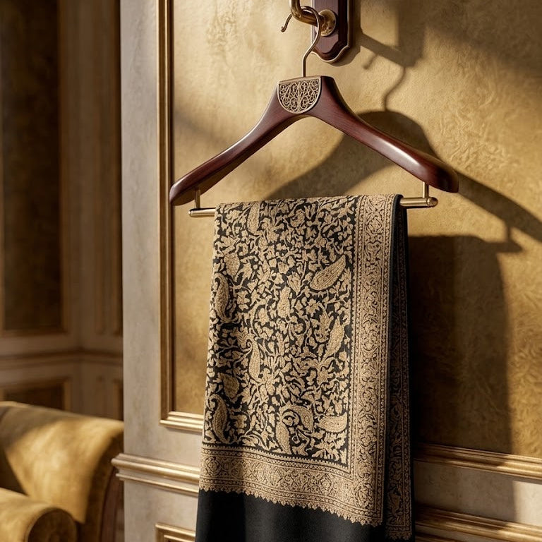 A black and beige patterned scarf with a solid black bottom panel hangs from a dark wooden hanger on a textured gold wall in an elegant interior setting.