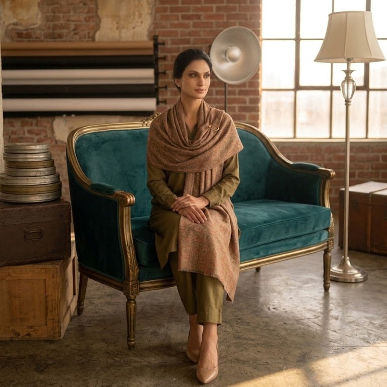 A woman wearing a beige shawl and olive green outfit sits on a teal velvet armchair in a rustic room with brick walls, a floor lamp, and a window.