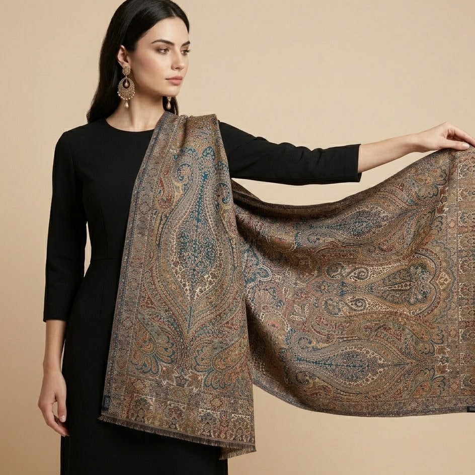 Woman holding a patterned scarf against a beige background