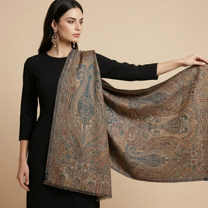 Woman holding a patterned scarf against a beige background